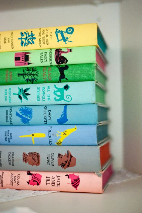 vintage children’s book stack, here. Books Illustration, Book Spine, Vintage Book Covers, Beautiful Book Covers, Design Editorial, Vintage Children's Books, Children Book Cover, Book Nooks, Classic Books