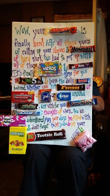 Retirement candy poem Easy Christmas Gifts To Make, Birthday Gifts For Boss, Candy Poster Board, Candy Bar Cards, Candy Poems, Retirement Candy, Boss Birthday Quotes, Candy Bar Poster, Candy Messages