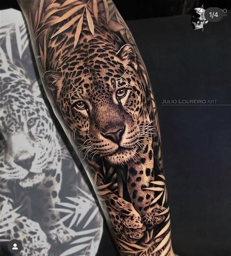 Leopard Leg Tattoo, Cheetah Tattoo For Women Sleeve, Leopard Print Tattoos, Cheetah Tattoo, Jungle Tattoo, Big Cat Tattoo, Jaguar Tattoo, Animal Sleeve Tattoo, Leopard Tattoos