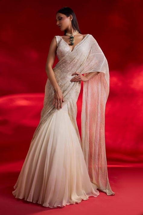 Ivory pre-draped organza lehenga saree Pearl Embroidery Lehenga, Saree Work Design Embroidery, Drape Saree Indo Western, Indo Western Outfits Wedding, Pearl Lehenga, Choli Style, Draped Lehenga, Ivory Saree, Drape Lehenga