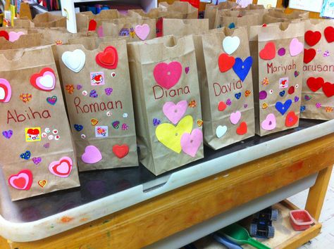 Our Kindergarten valentine bags! Stickers, foamies & their own ideas made for unique mail carriers! Preschool Valentine Bags Card Holders, Valentine Card Holders For School, Valentine Bag Ideas For School Kids, Preschool Valentine Bags, Valentines Day Bags For School Classroom, Valentine’s Day Bags For School, Valentine Holders For Kids Classroom, Valentine’s Day Bags For Kids, Valentines Bags For Kids To Make