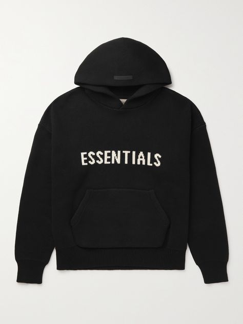 Fear of God Essentials' hoodie is cut from soft cotton-blend in an oversized, dropped-shoulder shape. The brand's logo is both intarsia-knitted across the front and appliquéd discreetly on the peak of the hood. Black Hoodie Essentials, Essentials Hoodie Knit, Essentials Sweater, Best Hoodie, Minimal Streetwear, Essentials Clothing, Essential Clothing, Essentials Hoodie, Essential Hoodie