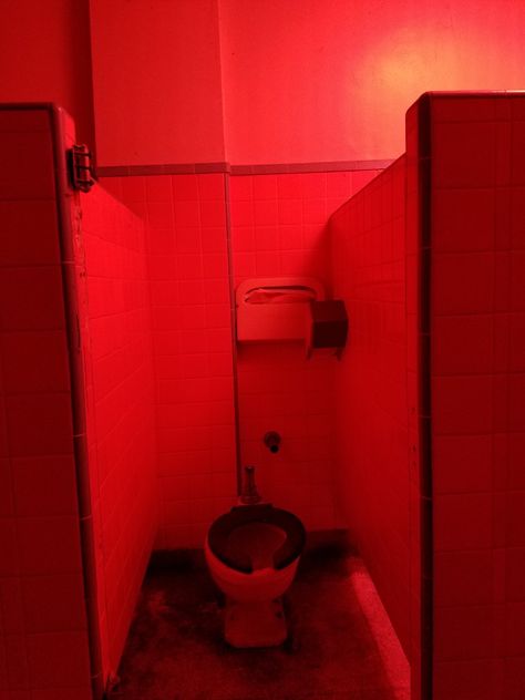 Creepy bathroom with red lighting Bathroom Stall Aesthetic, Stall Aesthetic, Creepy Bathroom, Red Lighting, Red Aura, Bathroom Stall, Red Filter, Bathroom Red, Boys Bathroom