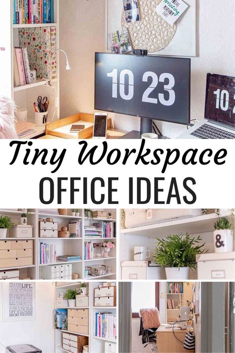 Maximize Office Space At Home, Shelves For Small Office, Computer Area Ideas Small Spaces, Desk Organization For Small Spaces, Small Workstation Ideas, Small Workspace Office, Mini Home Office Ideas Small Spaces Living Room, Small Home Office Ideas Bedrooms Tiny Spaces, Office Solutions For Small Spaces