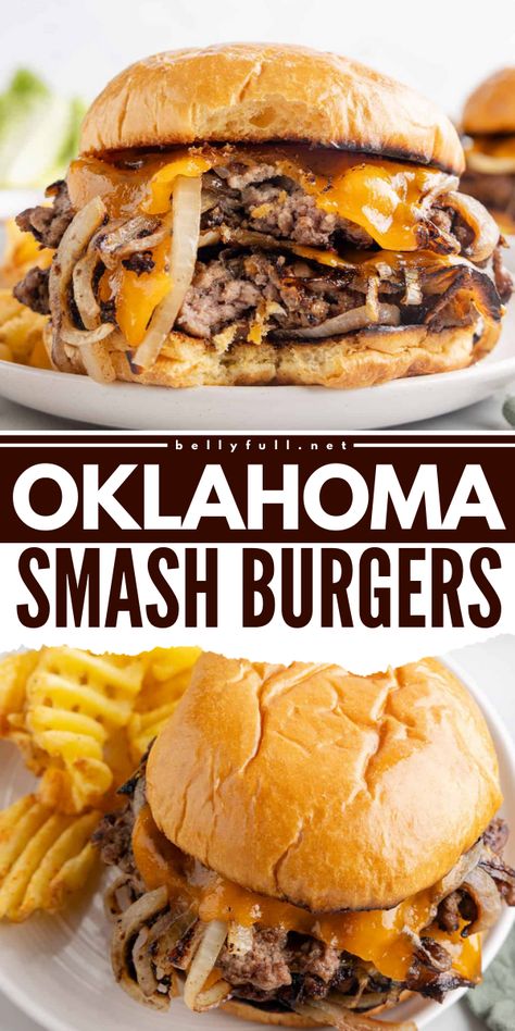 Whip up a delicious meal with this Oklahoma Smash Burgers recipe! An easy meal for Father's day, these burgers feature juicy patties with crisp edges, sliced onions, and melty cheese. Quick to make and incredibly tasty! Bratwurst Smash Burgers, Smash Burger Onion, Mississippi Smash Burger, Oklahoma Onion Smash Burger, Smash Burger With Onions, Smash Burger On Stove, Gluten Free Smash Burgers, Grilled Burgers Recipes Beef, Oklahoma Smash Burger Recipe