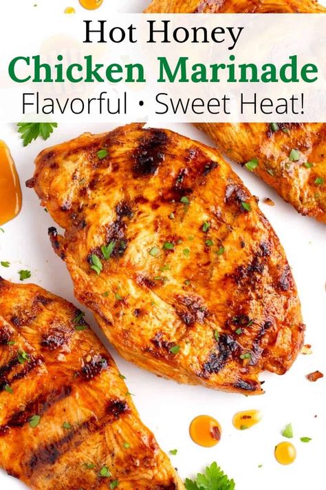 For an exciting new dinner idea, give this Hot Honey Chicken Marinade Recipe a try! It combines honey for sweetness, cayenne pepper for heat, and other spices for depth, making your grilled chicken juicy and delicious. With just 10 minutes of hands-on time, this easy marinade is perfect for any meal. Grilled Honey Chicken Recipes, Chicken Marinade For Stove Top, Chicken Honey Marinade, Honey Mustard Chicken Sides, Chicken Marinade With Honey, Easy Hot Honey Recipe, What To Put Hot Honey On, Chicken Hot Honey Recipe, Keto Hot Honey Chicken