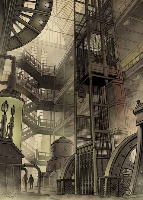 ArtStation - The Elevator, Penko Gelev Steampunk City, Steampunk Artwork, Steampunk Tendencies, Arte Steampunk, Building Concept, Steampunk Art, Illustration Painting, Matte Painting, Industrial Art