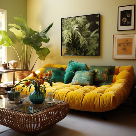 Bohemian Couch Pillows, Groovy Living Room Aesthetic, Emerald Room Aesthetic, Yellow Couch Aesthetic, Emerald Green Sofa Living Room Ideas, Green Yellow Living Room, Yellow And Green Living Room, Jewel Tone Decor, Green Sofa Living