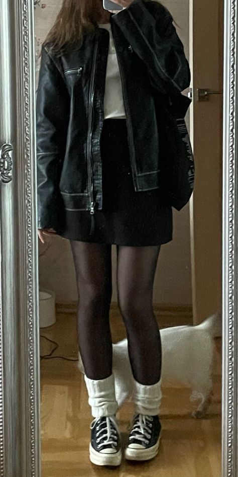 Casual Outfits With Black Leather Jacket, Black Skirt Black Jacket Outfit, Thrifted Leather Jacket Outfit, Leather Jacket Black Skirt Outfit, Denim Jacket Outfit Ideas Women, Leather Jacket With A Dress, Black Corset Outfit Concert, Winter Black Leather Jacket Outfit, What To Wear With Mini Skirt