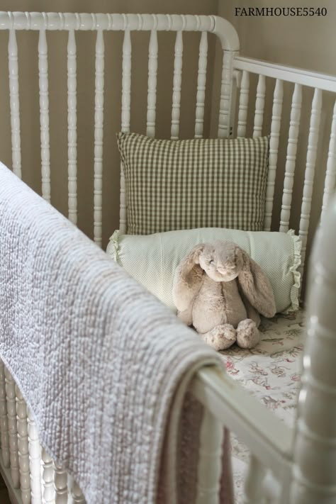 Nursery In Room Ideas, Swedish Country Nursery, Vintage White Crib Nursery Ideas, Nursery Crib Decor, Cottage Farmhouse Nursery, Shaker Style Nursery, Baby Crib Decoration Ideas, Jellycat Nursery, Vintage Crib Nursery