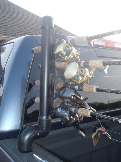 DIY Truck Bed Fishing Rod Holder - never break a fishing rod in the back of your truck again - Learn how to make it yourself at mountainstomarsh.com Diy Fishing Pole, Diy Fishing Rod Holder, Diy Truck Bedding, Diy Fishing Rod, Fishing Pole Storage, Fishing Pole Holder, Fishing Rod Storage, Fishing Rod Rack, Diy Fishing