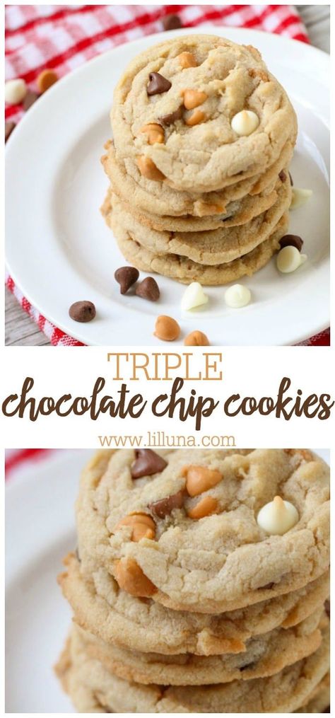 Super soft, delicious, and chewy Triple Chocolate Chip Cookies are a favorite! White, milk chocolate, and butterscotch chips combine to get the best taste. #chewytriplechocolatechipcookies #chocolatechipcookies #triplechocolatechip #cookies #chewycookies Butterscotch Chip Cookies, Culinary Desserts, Triple Chocolate Chip Cookies, Desserts With Chocolate Chips, Milk Chocolate Chip Cookies, Awesome Desserts, Biscuit Recipes, White Chocolate Chip Cookies, White Chocolate Cookies