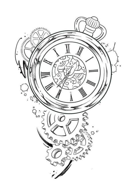 new tattoo art Clock Tattoo Stencil, Tato Jam, Pocket Watch Drawing, Pocket Watch Tattoo Design, Tattoo Stencil Designs, Steampunk Drawing, Watch Tattoo Design, Tato Flash, Gear Tattoo