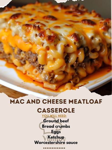 🧀🍖 Combine your favorites with our Mac and Cheese Meatloaf Casserole! #UltimateComfort Mac and Cheese Meatloaf Casserole Ingredients: Ground beef Bread crumbs Eggs Ketchup Worcestershire sauce Macaroni noodles Cheese sauce Cheddar cheese, grated Instructions: Mix beef, bread crumbs, eggs, ketchup, and Worcestershire sauce; press into a casserole dish. Top with cooked macaroni and cheese sauce. Sprinkle with cheddar cheese, bake until bubbly. 🍴🔥 Feast on this hearty, comforting casserole tha... Mac And Cheese Recipe Baked With Meat, Mac N Cheese Meatloaf, Meatloaf And Mac And Cheese Casserole, Recipes Using Macaroni Noodles, Mac And Cheese Meatloaf Casserole Recipe, Meatloaf Mac And Cheese Casserole, Mac N Cheese Meatloaf Casserole, Mac And Cheese Meatloaf, Velveeta Mac And Cheese With Ground Beef