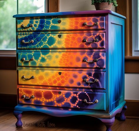 Dishfunctional Designs: Color Pop DIY Tie Dye Painted Dressers Painted Wardrobe Ideas Bedrooms, Bright Painted Dresser, Painted Dresser Color Ideas, Diy Tie Dye Paint, Hand Painted Furniture Diy, Painted Nightstand Ideas, Modern Painted Furniture, Diy Bedside Table, Tie Dye Painting