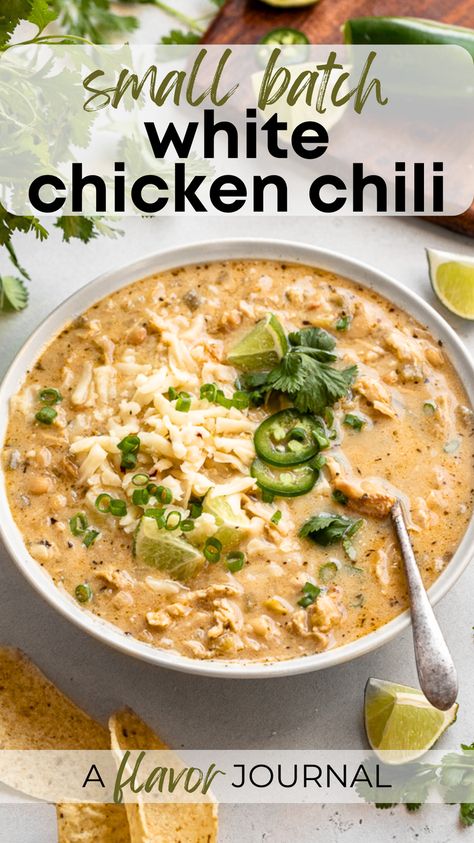 White Chicken Chili For One, White Chili Recipe Easy, Protein White Chicken Chili, Small Batch White Chicken Chili, White Chicken Green Chili Soup, One Pot White Chicken Chili, White Chicken Chili With Salsa Verde, Ground Chicken White Chili Recipe, Olga's White Bean Chicken Chili