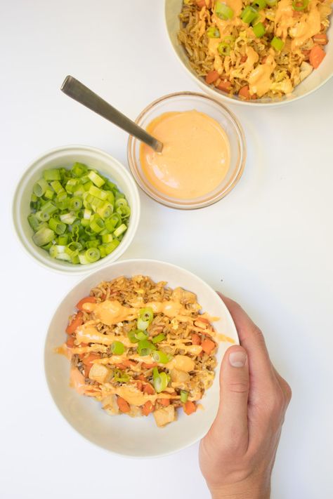 Chicken Fried Rice + Sriracha Mayo — Between the Pine Sriracha Mayo Recipe, Sriracha Mayo Sauce, Mayo Chicken, Season Of Change, Sriracha Mayo, Better Than Takeout, Spicy Mayo, Chicken Fried Rice, Low Sodium Soy Sauce