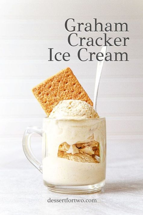 Sweet and simple graham cracker infused ice cream. This ice cream couldn’t be easier to make.  Nabisco Honey Maid Cinnamon Graham Crackers soak in milk for 20 minutes.  They eventually dissolve into the milk.  After straining, stir in the cream, brown sugar, salt, gelatin, and cream cheese.  If you can pour milk over cereal, you can make this! Makes 1 pint. Graham Cracker Ice Cream, Cinnamon Graham Crackers, Cake Ice Cream, Milk Ice Cream, Dessert For Two, New Cake, Cream Desserts, Ice Cream Desserts, Ice Cream Flavors