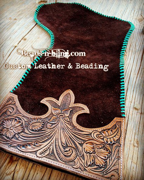 Custom Christmas stockings beads-n-bling.com Diy Chaps Pattern, Tooled Leather Projects Ideas, Western Leather Crafts, Leather Stocking Christmas, Leather Christmas Stocking, Western Christmas Stocking, Leather Stocking, Custom Leather Work, Leather Christmas