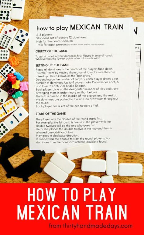 HOW TO PLAY MEXICAN TRAIN   www.thirtyhandmadedays.com  #mexicantrain #familygame How To Play Card Games, How To Play Mexican Train Dominoes, Mexican Games For Adults, How To Play Mahjong, Mexican Games, Game To Play With Friends, Fiesta Night, Mexican Train Dominoes, Mexican Train