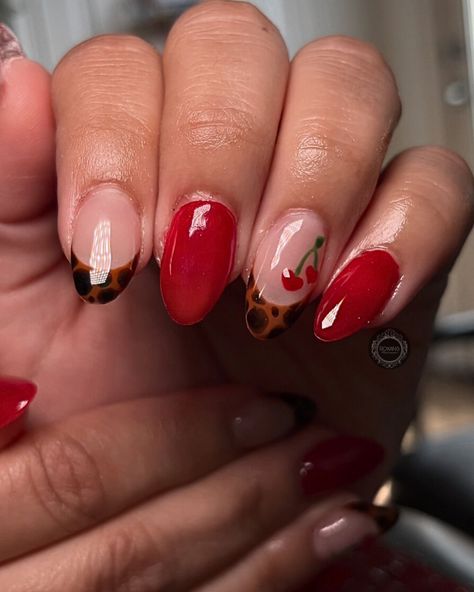 🍒🤎✨ - - - #nailart #roxansmakeovers #cherrynails #explorepage Tortoise And Red Nails, Leopard Red Nails, Cherry Leopard Nails, Red And Leopard Print Nails, Red Cheetah Nails, Nails With Cherry, Tortoise Nail, Cheetah Nails, Leopard Print Nails