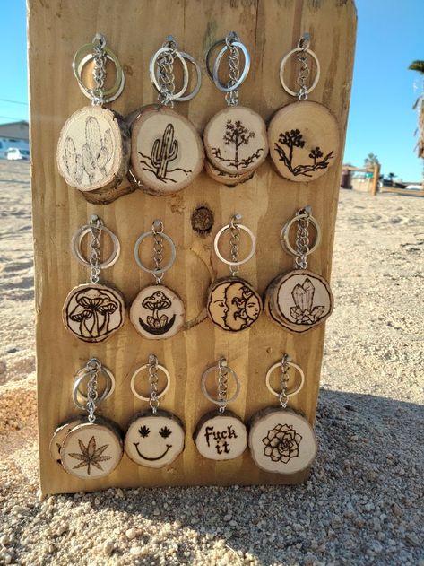 Handmade wood burned keychain Wood Crafts Gifts, Wood Disc Keychain, Scorched Wood Projects, Crafty Things To Make And Sell, Wood Burned Magnets, Diy Wood Burning Projects For Beginners, Cactus Wood Burning, Woodburning Keychain Ideas, Wood Burn Keychain