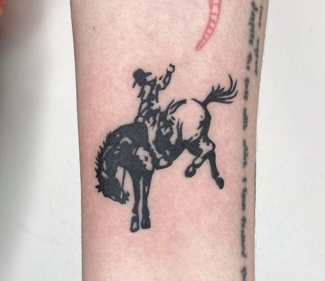 Bucking Cowboy Tattoo, Cowboy Art Tattoo, Matt Mccormick Tattoo, Wtwta Tattoo, Cowboy Aesthetic Tattoo, Vintage Cowboy Tattoo, Bucking Horse Tattoo, Old Western Tattoos, Rdr2 Tattoo