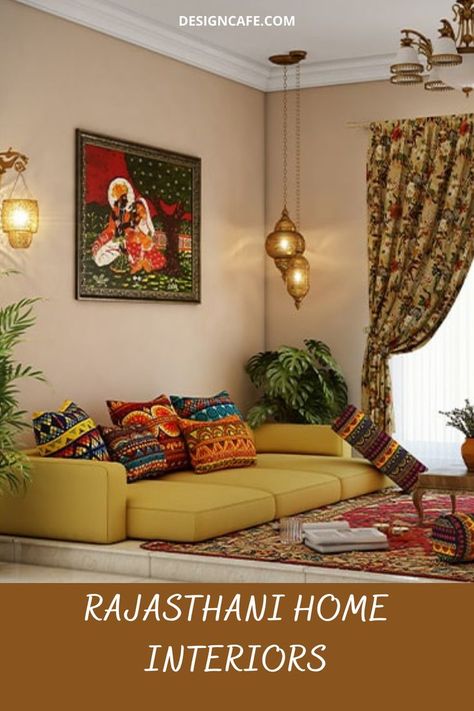 Rajasthani style interior design and decor ideas Indian Rajasthani Home Decor, Traditional Interior Design Indian Living Rooms, Rajasthani House Interior, Indian Style Living Room Decor, Rajasthani Room Interior, Traditional Indian Flooring, Rajasthan House Interior, Rajasthan Home Decor, Rajasthani Interior Design Living Room