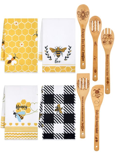 PRICES MAY VARY. Abundant Quantity: you will receive a package of 5 wooden spoons and 4 kitchen towels, and this bee themed decoration package provides plentiful kitchen accessories that can fulfill your daily needs and replacement Reliable and Quality Wood: the honeybee spoon measuring about 2.4 x 11.8 inches/ 6 x 30 cm is made of wood material, lightweight and firm, no terrible smell, its surface is polished smooth that touches comfortably, stylish and modern, not easy to rust or deform, allow Honey Bee Themed Kitchen, Bee Decor For Kitchen, Bee Theme Kitchen, Bee Kitchen Theme, Engraver Projects, Bee Kitchen Decor, Kitchen Theme Ideas, Pooh Decor, Bee Accessories