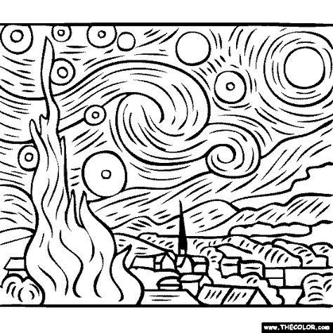 100% free coloring page of Vincent Van Gogh painting - Starry Starry Night. You be the master painter! Color this famous painting and many more! You can save your colored pictures, print them and send them to family and friends! Van Gogh Coloring, Desenhos Van Gogh, فن الرسم بالمسامير, فنسنت فان جوخ, Starry Starry Night, Van Gogh Painting, Vincent Van Gogh Paintings, Paintings Famous, Arte Van Gogh