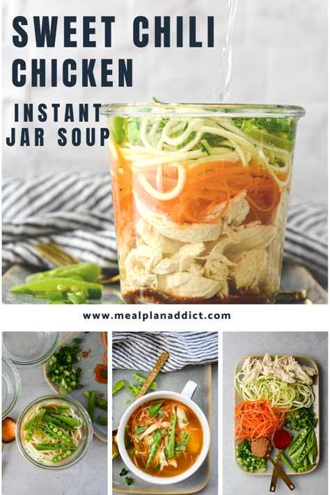 Sweet Chili Chicken instant mason jar soups are not just for looks, prepping your jars on Sunday, and adding water each day at lunch makes for a fresh lunch without cooking everyday! Mason Jar Instant Soup Recipes, Mason Jar Food Prep Healthy, Mason Jar Soup Lunch, Asian Mason Jar Salad Recipes, Mason Jar Asian Soup, Healthy Instant Noodles Mason Jars, Mason Jar Meal Prep Lunch, Meal Prep Soup Mason Jars, Mason Jar Ramen Work Lunches