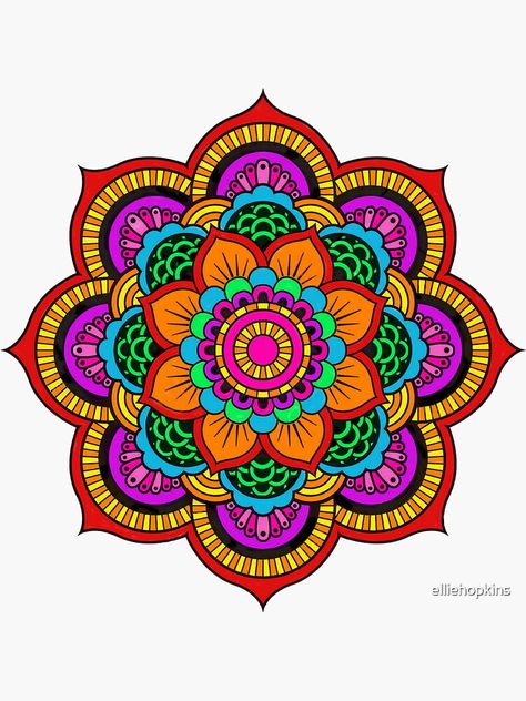 "Colourful Indian Mandala" Sticker by elliehopkins | Redbubble Mandala Coloring Ideas, Mandala Art Design Colour, Mandela Art Colorful, Mandela Colouring, Mandala Art Colorful Patterns, Mandala Coloring Pages Finished, Mandala Drawing Colourful, Indian Stickers, Mandala Art Colorful