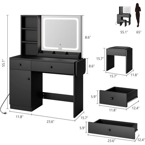 Makeup Vanity Desk with Mirror and Lights, Vanity Table Set with Drawer & Power Outlet ＆ Storage Black Vanity Table, Vanity Desk With Mirror, Desk With Mirror, Grunge Bedroom, Makeup Vanity Desk, Mirrored Vanity Desk, Vanity Table Set, Makeup Desk, Bedroom Dressing Table