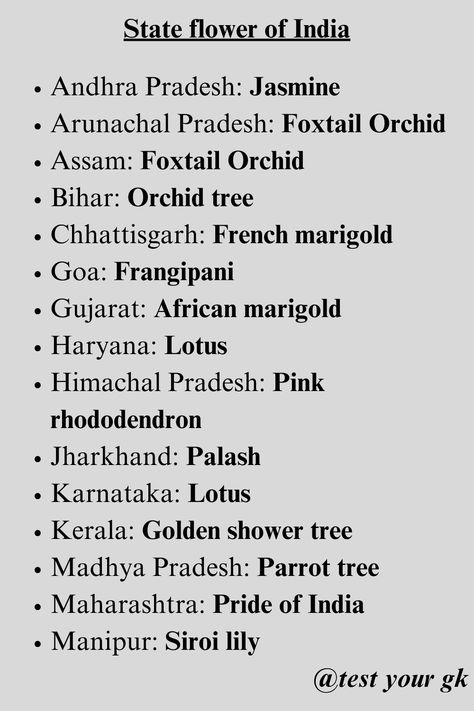 In this post we have given the State flower of India & Union Territory. Our post is full of amazing gk. If you like to read and improve your gk, then you must FOLLOW our page @test your gk
.
LIKE
.
SHARE
.
COMMENT
.
#gk
#upscgkquiz
#generalknowledge
#worldgk	
#facts
#indiagk Ias Notes, Biochemistry Notes, Gk Facts, General Knowledge For Kids, Upsc Notes, Ias Study Material, History Infographic, Fun Facts For Kids, Study Biology