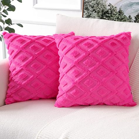 Hot Pink Cushions, Pink Decrotive Pillows, White Bedding With Pink Pillows, Hot Pink Accent Bedroom, Cute Preppy Pillows, Hot Pink Pillows Bedroom, Preppy Pillow Cases, Preppy Pink Pillows, Colorful Pillows On Bed