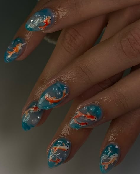 Koi fish nails 💦🐠🧡 Coy Fish Nail Art, Coy Fish Nails, Nails With Fish, Koi Pond Nails, Fish Nails Designs, Koi Nails, Koi Fish Nails, Fish Nail Art, Koi Fish Colors