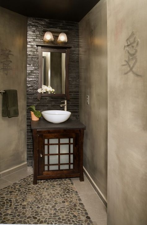 Like Asian Bathroom, Japanese Bathroom, Zen Bathroom, Washbasin Design, Asian Homes, Asian Home Decor, Mirror On The Wall, Sink Vanity, Asian Design