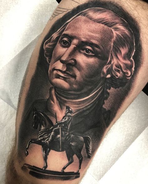 George Washington Tattoo, Washington Tattoo, Air Balloon Tattoo, Balloon Tattoo, Usa Tattoo, Full Leg Tattoos, Aaron Burr, Epic Tattoo, Amazing Tattoos