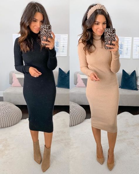 Black Turtleneck Dress Outfit, Hey Nasreen, Turtle Neck Dress Outfit, Ribbed Dress Outfit, Sweater Dress Outfit Winter, Tan Sweater Dress, Midi Dress Winter, Express Sweater Dress, Black Turtleneck Dress