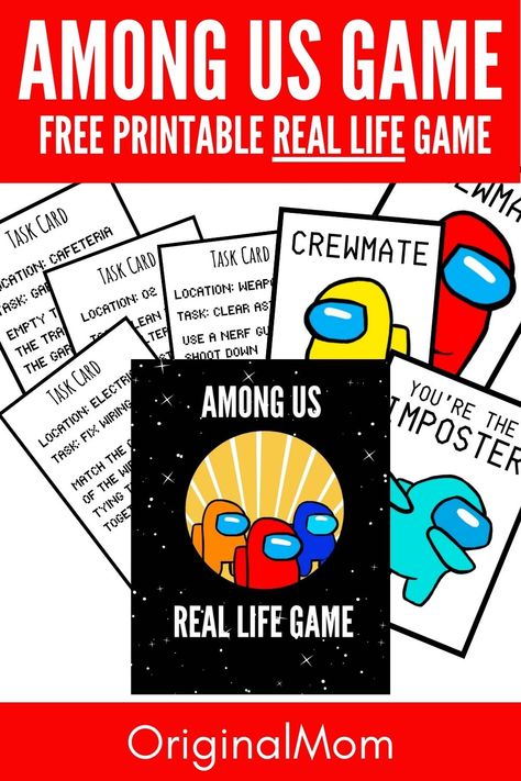 Among Us FREE Printable Game in Real Life! Play this super fun real life version of Among Us. It comes with printable tasks, character cards, printable puzzles that can be used for the tasks and more! We used this for an Among Us birthday party and the kids loved it. Game Room Printables Free, Among Us Task Ideas, Real Life Board Games, Diy Among Us Real Life Game, Among Us Birthday Party Printables, Among Us Board Game, Among Us Task Ideas In Real Life, Among Us Birthday Games, Free Printable Game Boards