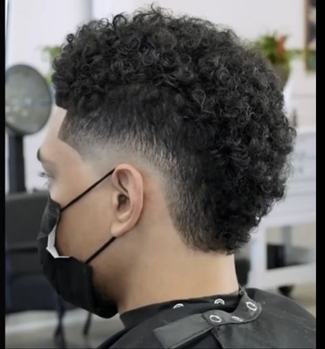 Black Mullet Men, Frohawk Fade Men, Afro Hawk, Burst Fade Curly Hair, Curly Hair Mohawk, Afro Mullet, Taper Hairstyle, Frohawk Fade, Fro Hawk