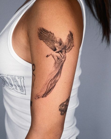 Angel Goddess Tattoo, Detailed Arm Tattoo, Faceless Angel Tattoo, Bird Angel Tattoo, Greek Sleeve Tattoos For Women, Angel On Back Tattoo, Angle Tattoo Women, Angel Theme Tattoo, Angel Tattoo Realism