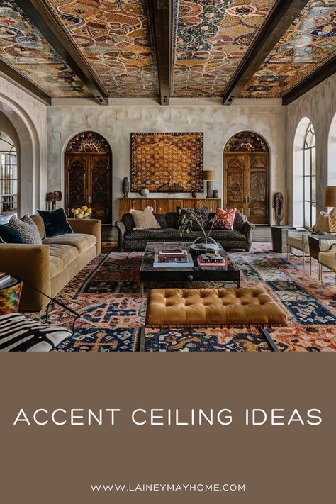 Are you looking to add some flair and personality to your living space without breaking the bank? Often overlooked, ceilings can be the perfect canvas for creative expression. Check out these 6 accent ceiling ideas!

#accentceilingideas #interiordesign #DIY #ceiling #accent #arches #vintagerugs Wood Panels On Ceiling, Try Ceiling Ideas, Ceiling Murals Living Room, Wallpaper Ceiling With Beams, Different Ceiling Ideas, Beam Ceiling Living Room, Ceiling Design Wallpaper, Flat Ceiling Design, Pretty Ceilings