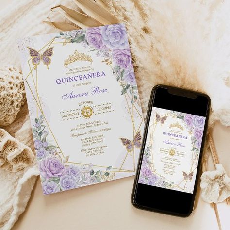 $2.09 | Purple Gold Quincea�era Butterfly Roses Mis Quince #watercolor flower roses fiesta senorita, quinceañera, gold glitter crown tiara, purple lavender floral garden, lilac mauve royal princess, modern geometric gold frame, mis quince 15 anos, sweet 16 sixteen birthday party, butterflies Invitations Quinceanera, Wildflower Bridal Shower, Quince Invitations, Butterfly Invitations, Floral Birthday Invitations, Boho Wildflower, Modern Birthday, Sixteenth Birthday, Quinceanera Party