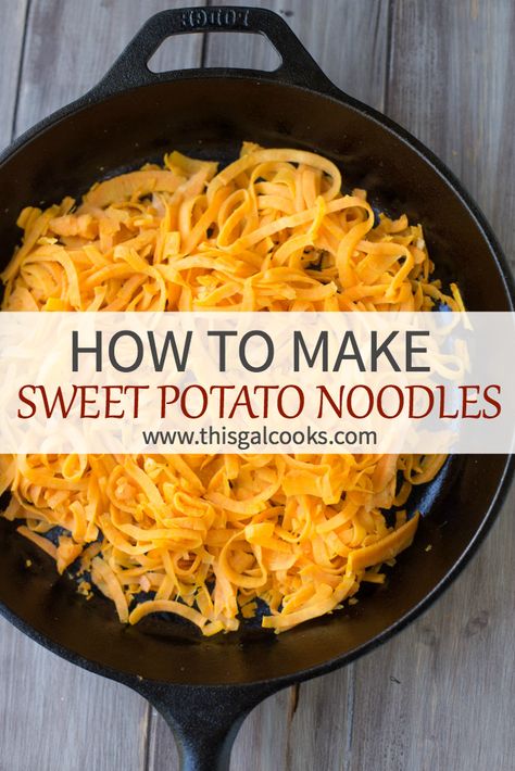 How To Make Healthy Sweet Potato Noodles | This Gal Cooks Sweet Potato Noodle Recipes, Spiral Veggies, Sweet Potato Noodles Recipe, Spiralized Sweet Potato, Healthy Sweet Potato, Potato Noodles, Zoodle Recipes, Sweet Potato Noodles, Stuffed Sweet Potato Healthy