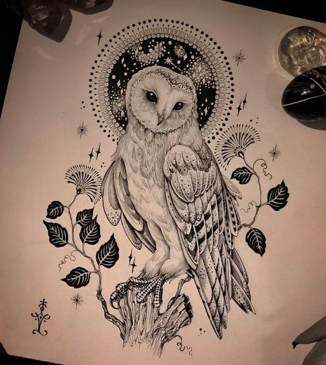 Owl And Moon Drawing, Snowy Owl Tattoo, Owl Thigh Tattoos, Barn Owl Tattoo, Labyrinth Tattoo, Owl Tattoo Sleeve, Owl Tattoo Drawings, Cute Owl Tattoo, Tattoos 2024