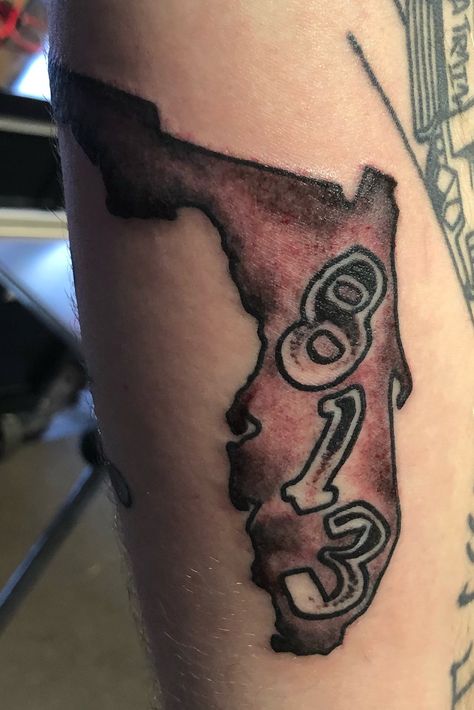 Tattoo uploaded by Biggie B™ | Tampa Florida Area Code ~813 | 887901 | Tattoodo State Of Florida Tattoo Ideas For Men, Florida Gator Tattoo Ideas, Tampa Tattoo Ideas, Illinois Tattoo Ideas, 813 Tattoo, Florida Map Tattoo, Area Code Tattoo Men, Florida Tattoo Ideas For Men, Area Code Tattoos