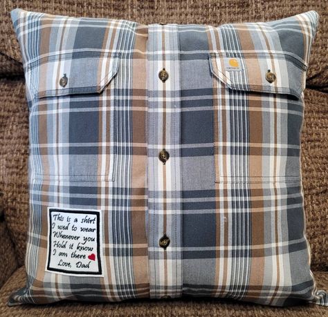 Do you have a shirt from a loved one who has passed, and you want to help preserve their memory? Send me your shirt/shirts, t-shirt, sweatshirt, sweater, etc., and I will create a pillow for you.  Each pillow has an option of having personalized embroidery or without any embroidery (Please see pricing). I can work with button-down shirts, t-shirts, sweatshirts, sweaters, pajamas, pants, etc. HOW TO PLACE AN ORDER: 1. In the section "Size," pick a pillow size you would like. 2. In the section "Em Shirt Memory Pillow, Memory Shirt Pillow, Memory Pillow From Shirt, Memory Shirt, Memorial Pillow, Shirt Pillows, Memory Projects, Memory Pillow, Pajamas Pants