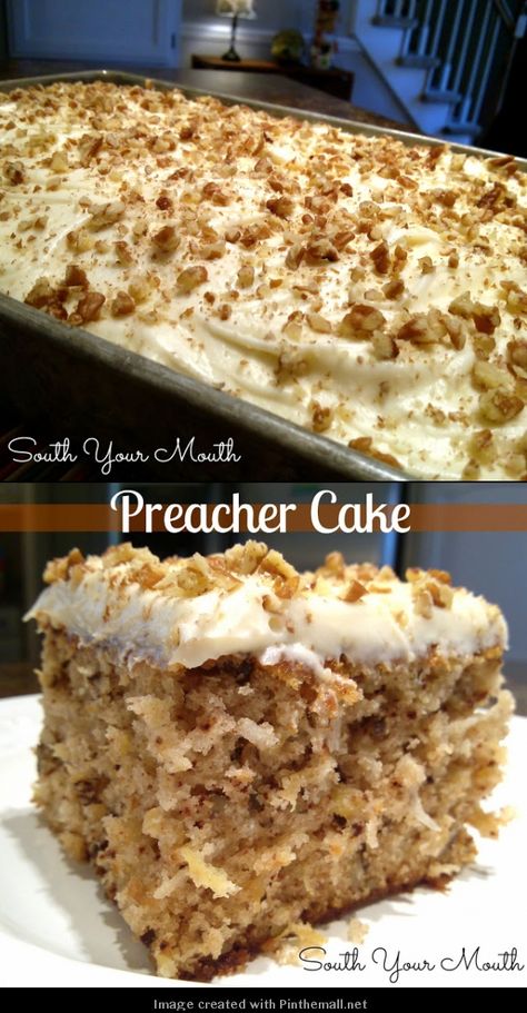 PREACHER CAKE "a super moist cake with crushed pineapple, pecans or walnuts and optional coconut with a cream cheese frosting and it is sooooo good" | southyourmouth.com Cake With Crushed Pineapple, Preacher Cake, Super Moist Cake, Moist Cake Recipe, Moist Cake, Crushed Pineapple, Moist Cakes, Yummy Sweets, Food Cakes