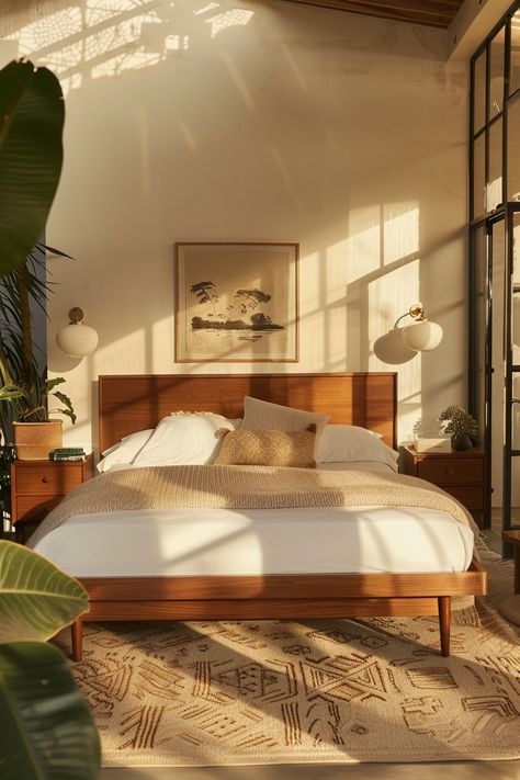 Wooden Bed Inspiration, Mid Century Modern Wooden Furniture, Earthy Mid Century Modern Bedroom, Bedroom 2024 Design, Mid Century Interior Design Bedroom, Bedroom Inspirations Mid Century Modern, Calming Bedroom Design, Mid Century Modern Beds, Bedroom Furniture Design Wooden